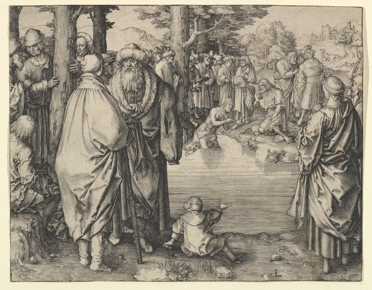 The Baptism of Christ in the River Jordan by Lucas van Leyden, print, 1505-1515