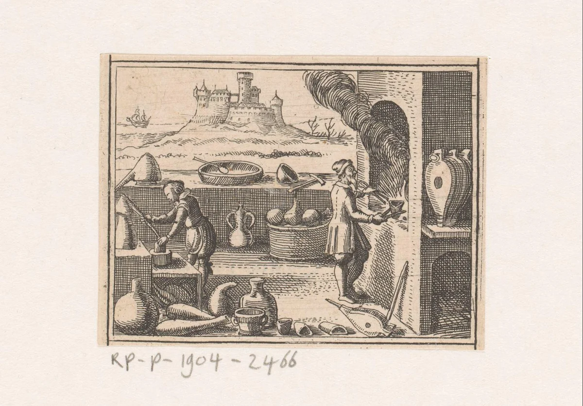 Werkplaats met stookoven en kasteel in de achtergrond by Daniel Sudermann, book, 1624