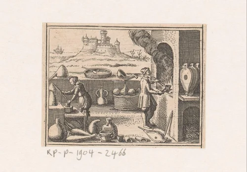 Werkplaats met stookoven en kasteel in de achtergrond by Daniel Sudermann, book, 1624