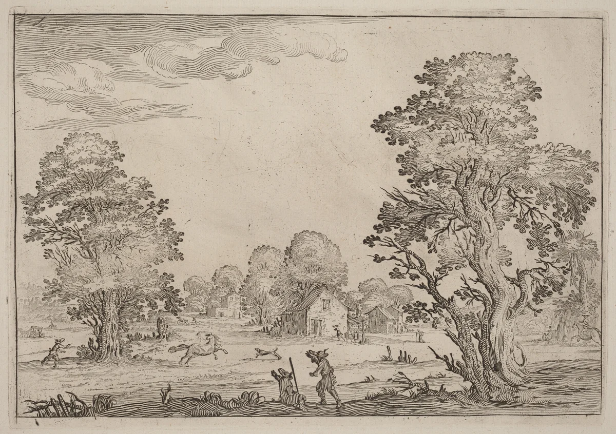 Landscape with Runaway Horses by Ercole Bazicaluva, print, 1638