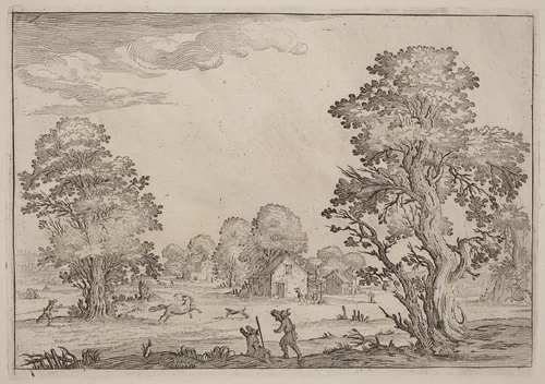 Landscape with Runaway Horses by Ercole Bazicaluva, print, 1638