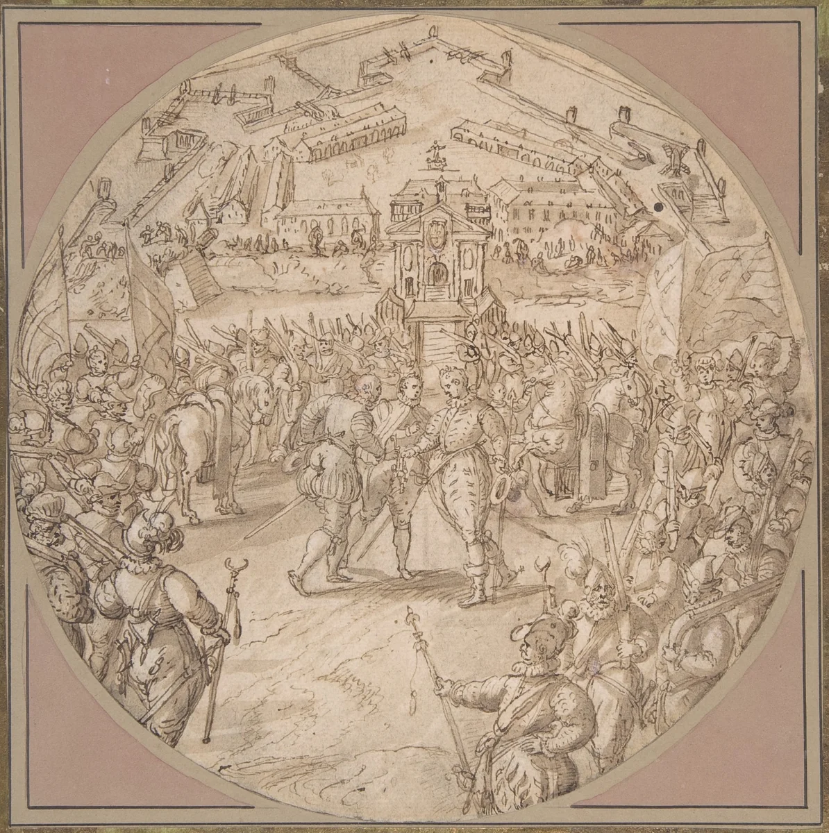 Captain de Bours handing over the Keys to the Citadel of Antwerp to the Estates General by Maerten de Vos, drawing, 1550-1603