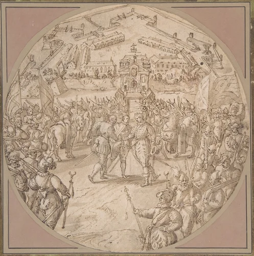 Captain de Bours handing over the Keys to the Citadel of Antwerp to the Estates General by Maerten de Vos, drawing, 1550-1603