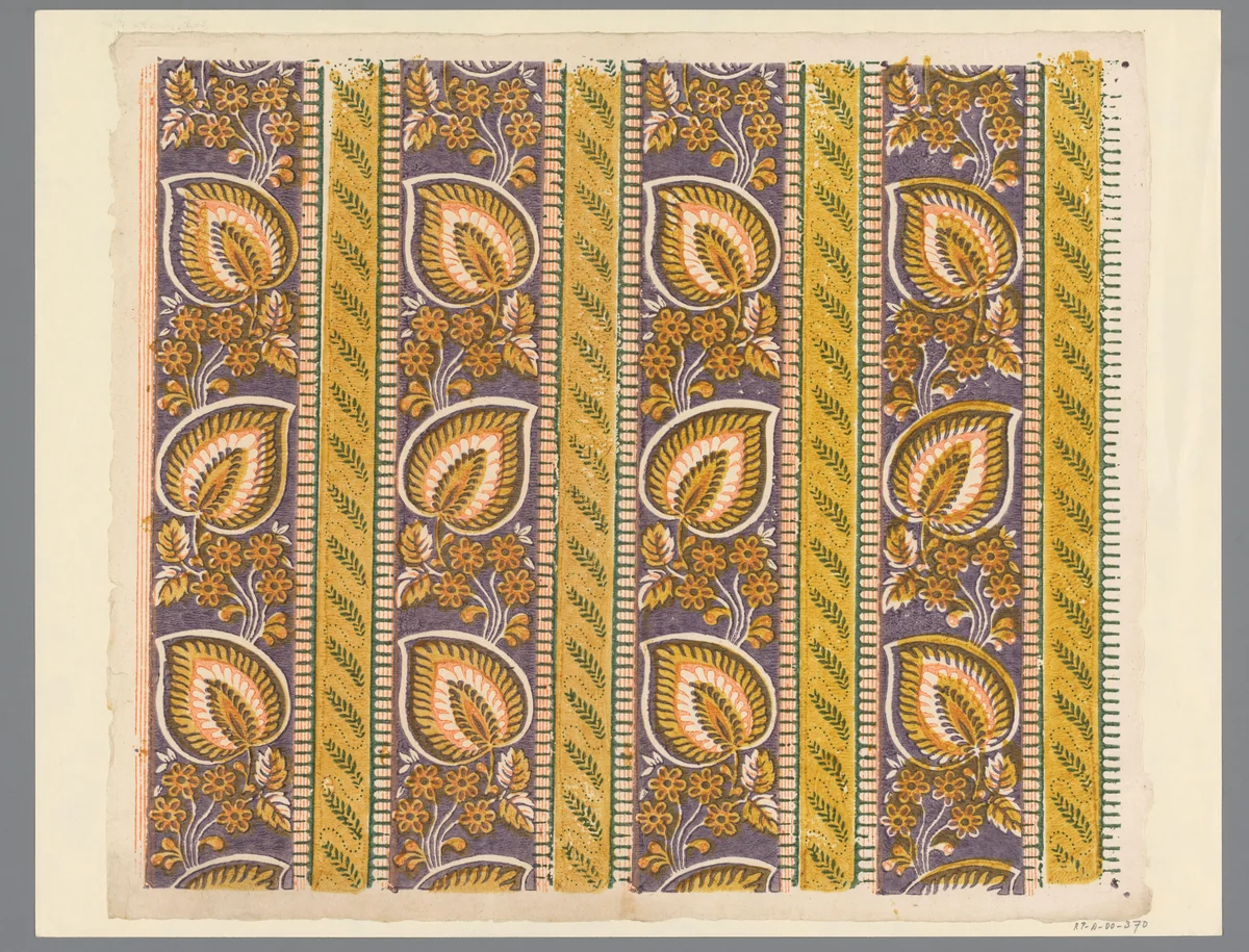 Blad met banenpatroon met baan met grote bladeren met baan met takken by anonymous, print, 1700-1850