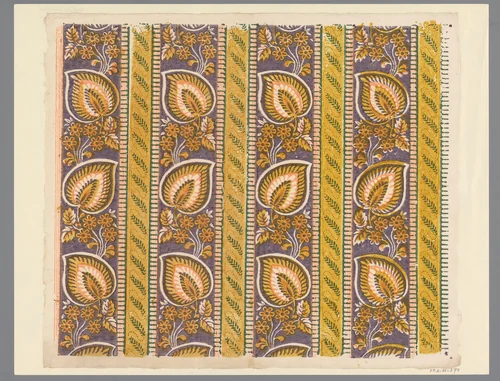 Blad met banenpatroon met baan met grote bladeren met baan met takken by anonymous, print, 1700-1850