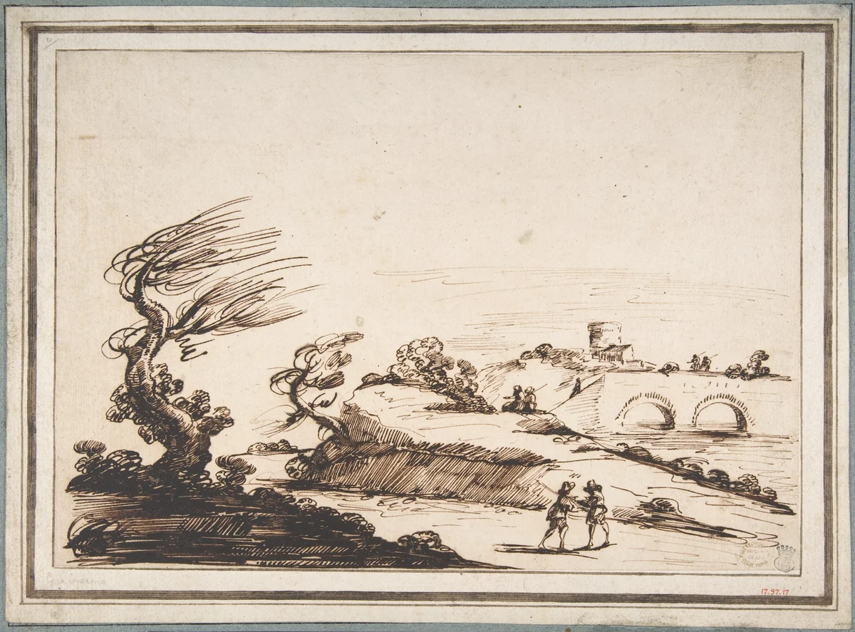 Landscape with Figures and a Two-Arched Bridge by Guercino, drawing, 1591-1666