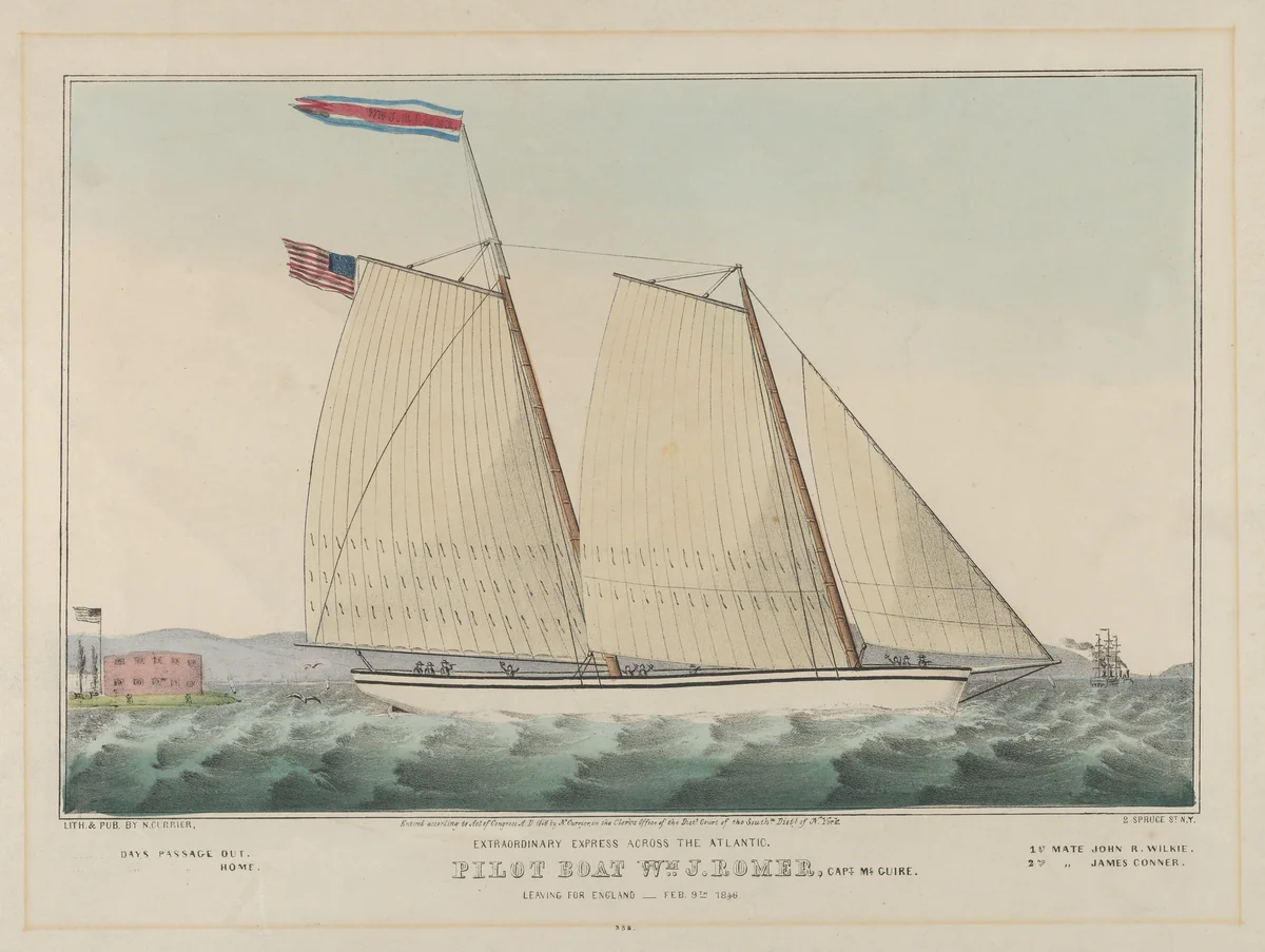 Extraordinary Express Across the Atlantic – Pilot Boat William J. Romer, Captain McGuire, Leaving for England February 9th, 1846 by Nathaniel Currier, print, 1846