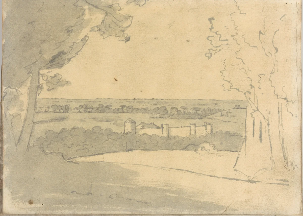 Landscape with distant buildings (Smaller Italian sketchbook, leaf 23 recto) by Joseph Wright, drawing, 1774-1775