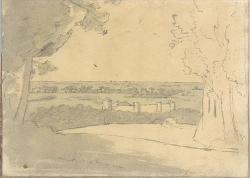 Landscape with distant buildings (Smaller Italian sketchbook, leaf 23 recto) by Joseph Wright, drawing, 1774-1775