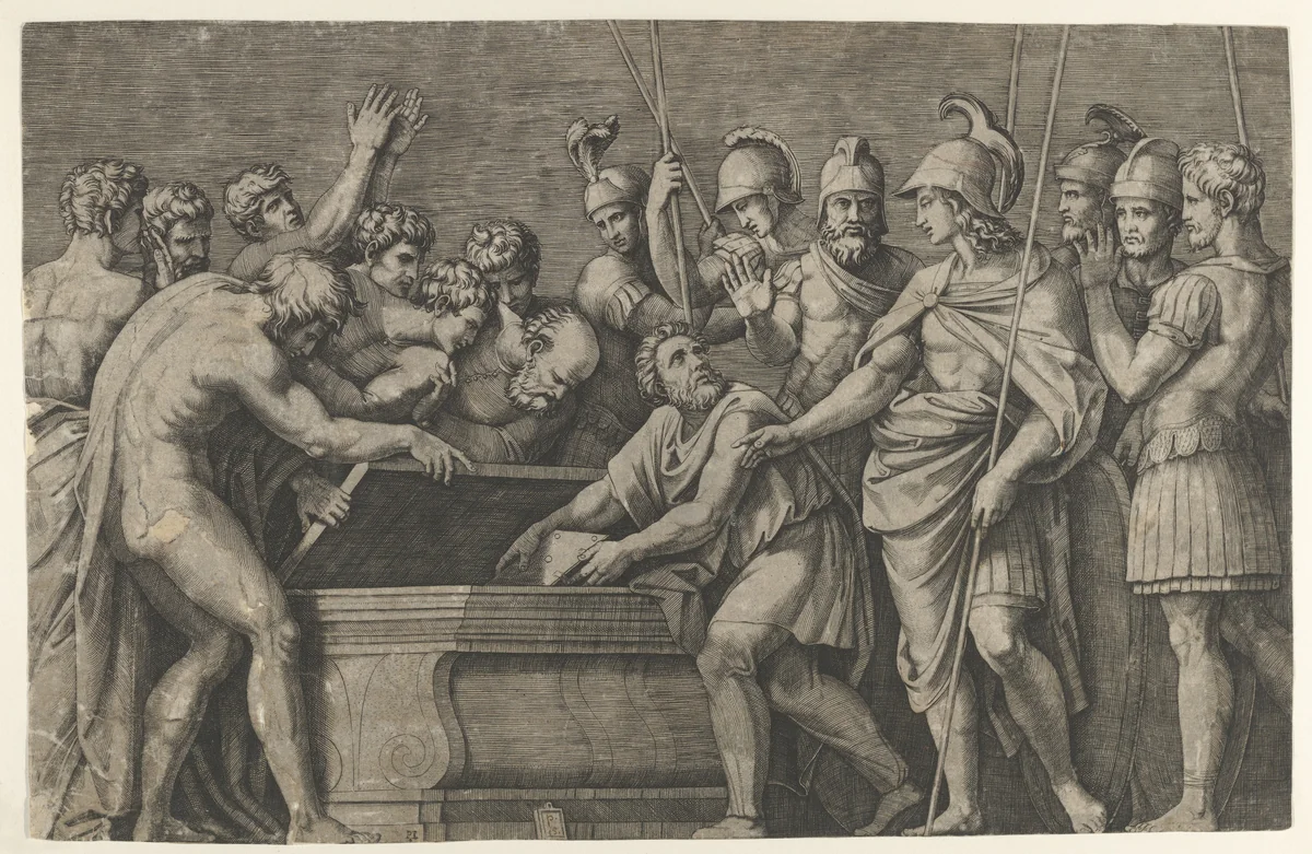 Alexander the Great commanding that the work of Homer be placed in the tomb of Achilles by Marcantonio Raimondi, print, 1495-1539