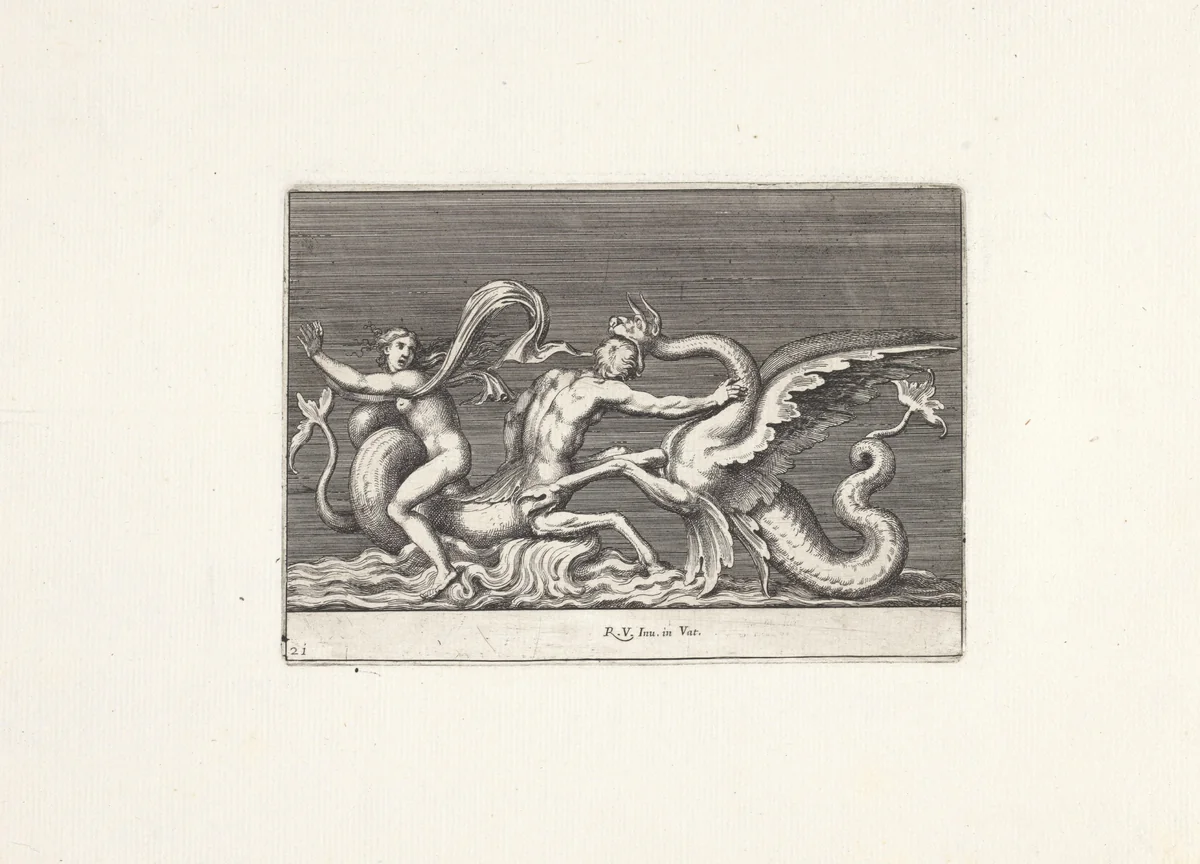 Triton in gevecht met een zeemonster by Pietro Sante Bartoli, print, 1645-1700