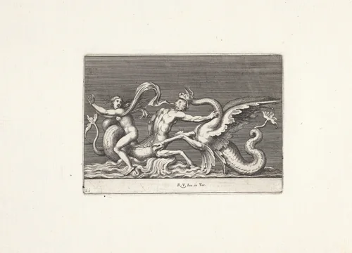 Triton in gevecht met een zeemonster by Pietro Sante Bartoli, print, 1645-1700