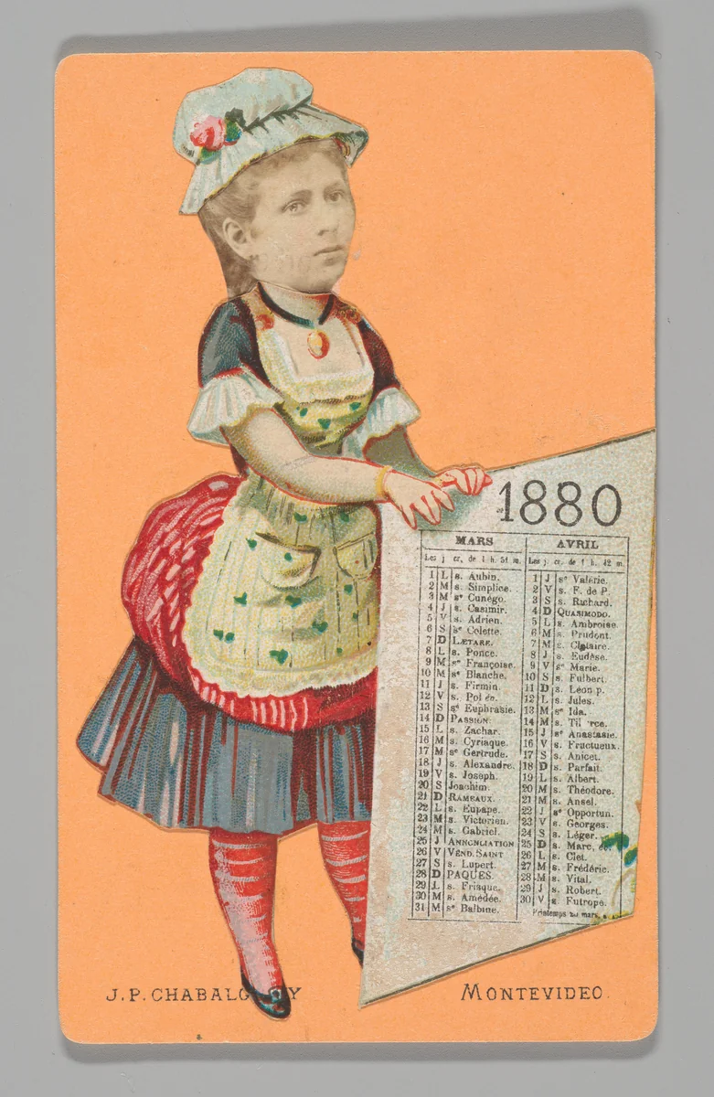 [Photo Collage: Woman Holding "1880" Calendar for March and April] by Juan Pedro Chabalgoity, photograph, 1870-1880