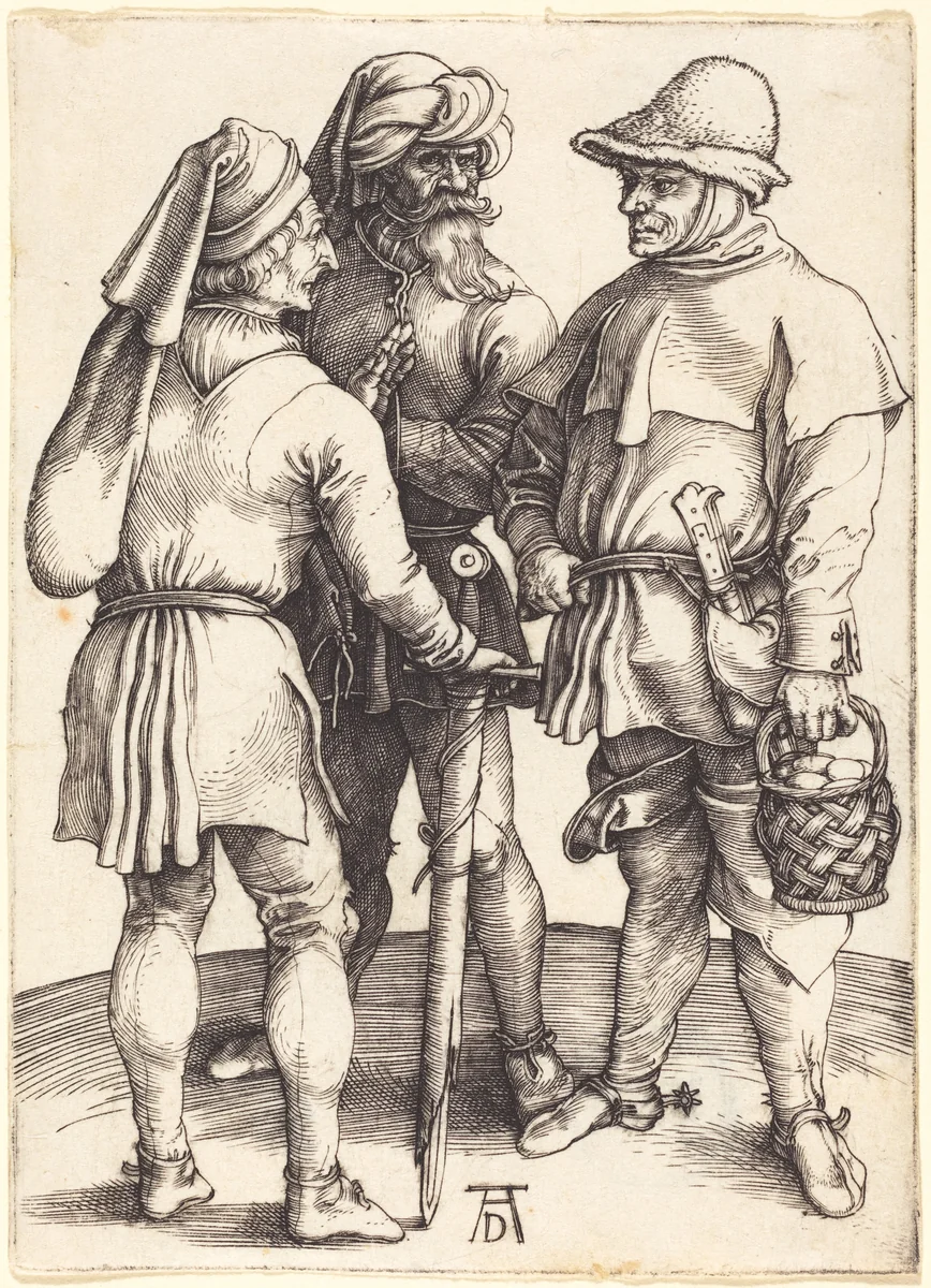 Three Peasants in Conversation by Albrecht Dürer, print, 1497