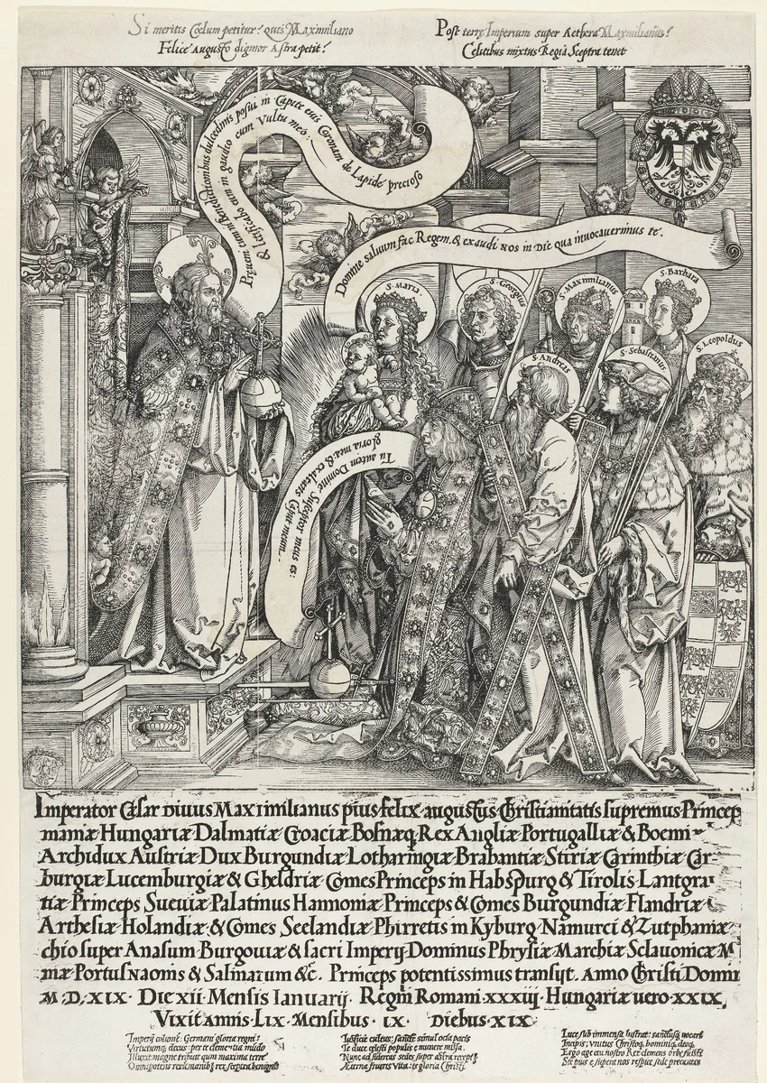 Keizer Maximiliaan I knielt voor Christus by Unknown, print, 1519