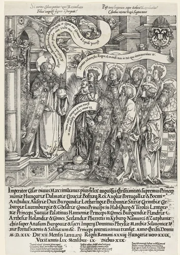 Keizer Maximiliaan I knielt voor Christus by Unknown, print, 1519