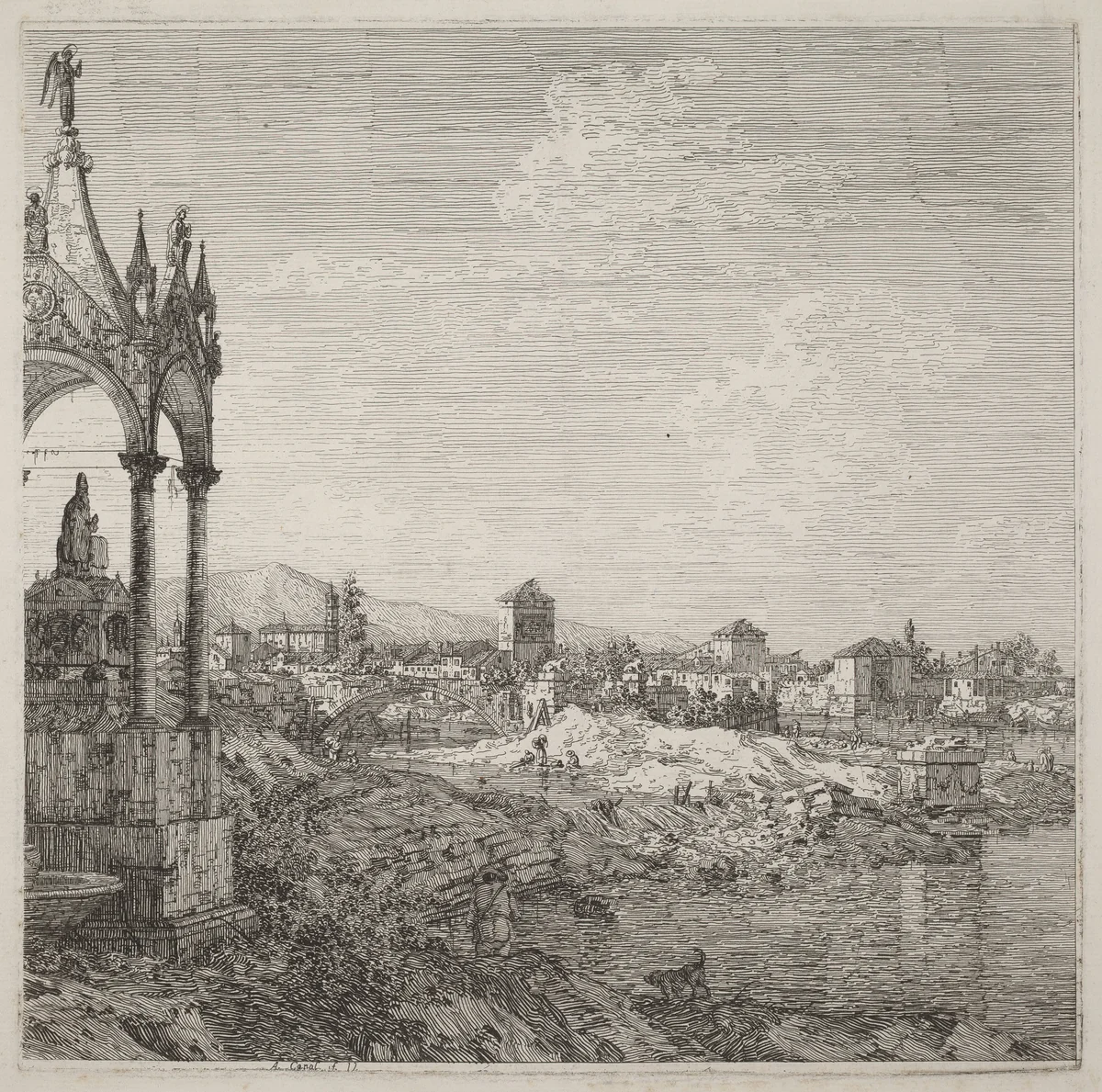 View of a Town with a Bishop's Tomb by Canaletto, print, 1735-1746