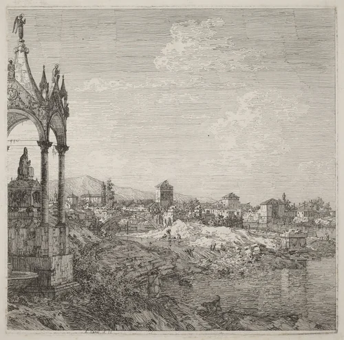 View of a Town with a Bishop's Tomb by Canaletto, print, 1735-1746