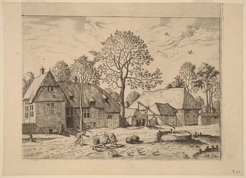 Farms with Draw Well by Johannes van Doetechum; Lucas van Doetechum; Master of the Small Landscapes, print, 1605
