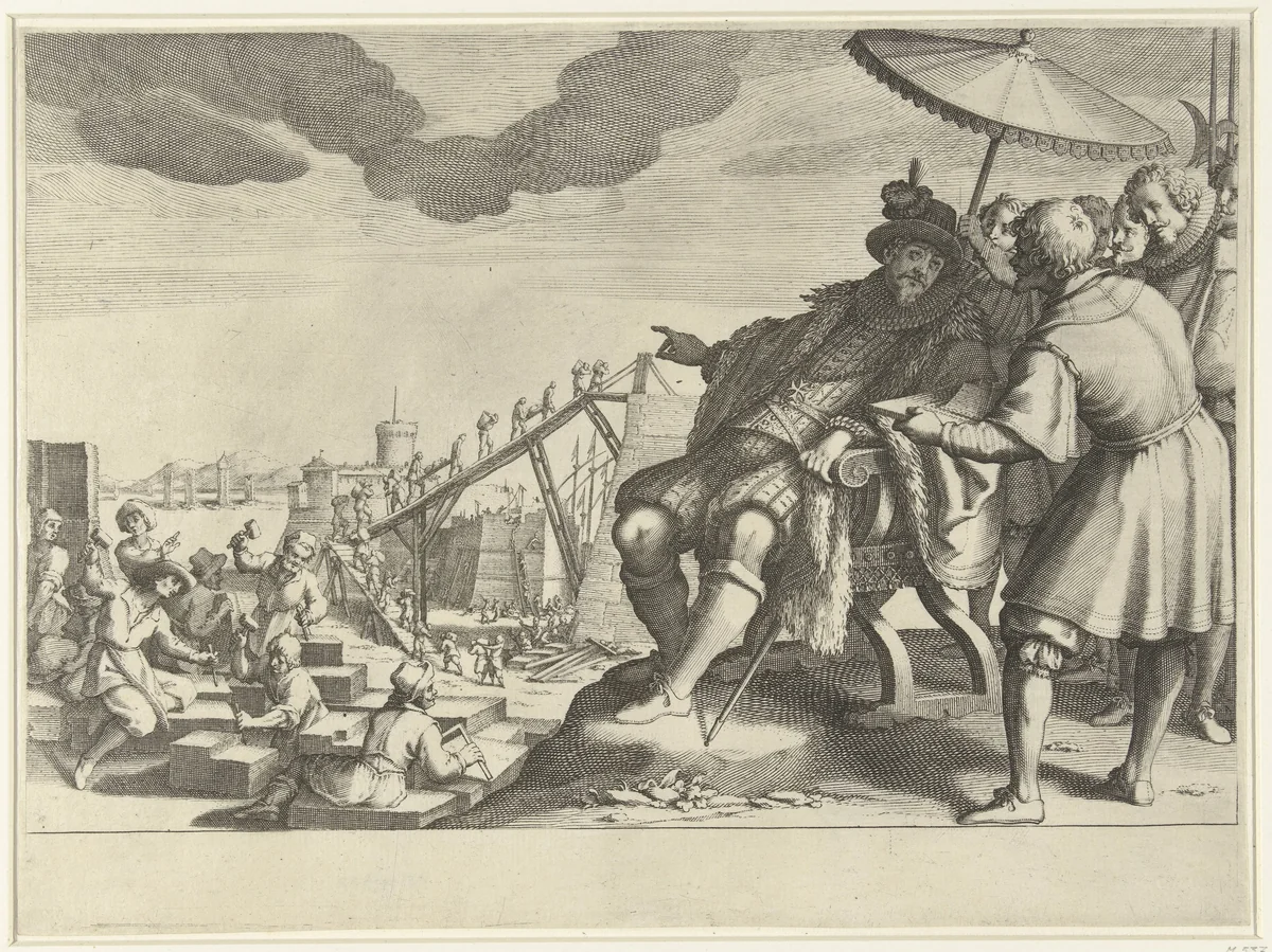 Ferdinando I de' Medici laat de haven van Livorno versterken by Jacques Callot, print, 1614-1620