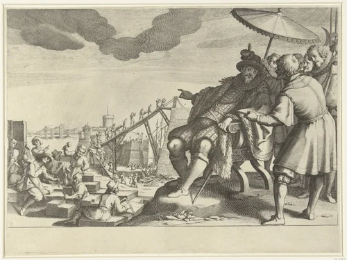 Ferdinando I de' Medici laat de haven van Livorno versterken by Jacques Callot, print, 1614-1620