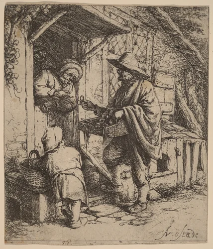Street Vendor Selling Spectacles at the Door by Adriaen van Ostade, print, 1642-1652