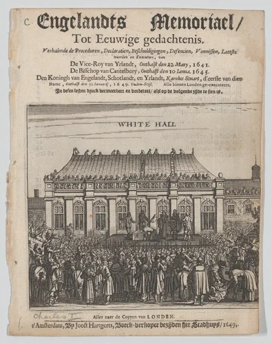 The Execution of King Charles I (Title page: Engelandts Memoriael) by Joost Hartgerts, print, 1649