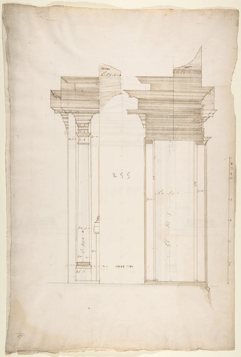 San Lorenzo, Library, portal, section (recto) San Lorenzo, Library, Ricetto, portal, elevation (verso) by anonymous, drawing, 1500-1560
