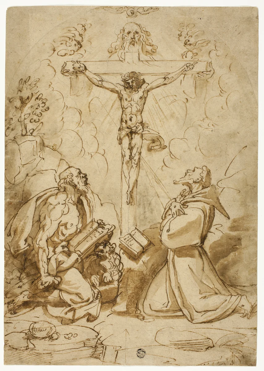Saints Jerome and Francis of Assisi Adoring the Trinity by Bartolomeo Passarotti, drawing, 1568-1572