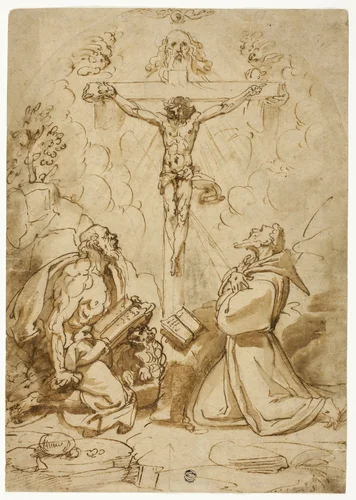 Saints Jerome and Francis of Assisi Adoring the Trinity by Bartolomeo Passarotti, drawing, 1568-1572