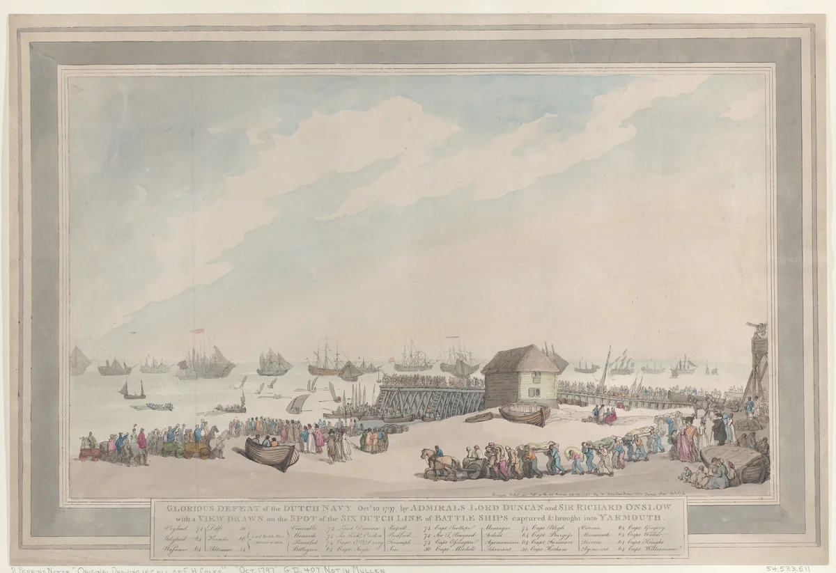 Glorious Defeat of the Dutch Navy, Oct. 10, 1797, by Admirals Lord Duncan and Sir Richard Onslow with a View Drawn on the Spot of the Six Dutch Line of Battle Ships captured and brought into Yarmouth by Thomas Rowlandson, print, 1797