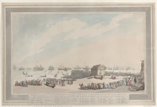 Glorious Defeat of the Dutch Navy, Oct. 10, 1797, by Admirals Lord Duncan and Sir Richard Onslow with a View Drawn on the Spot of the Six Dutch Line of Battle Ships captured and brought into Yarmouth by Thomas Rowlandson, print, 1797