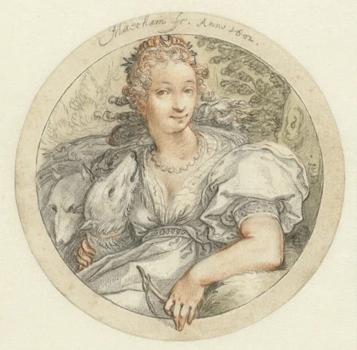 Diana in een ronde omlijsting by Jacob Matham, drawing, 1602