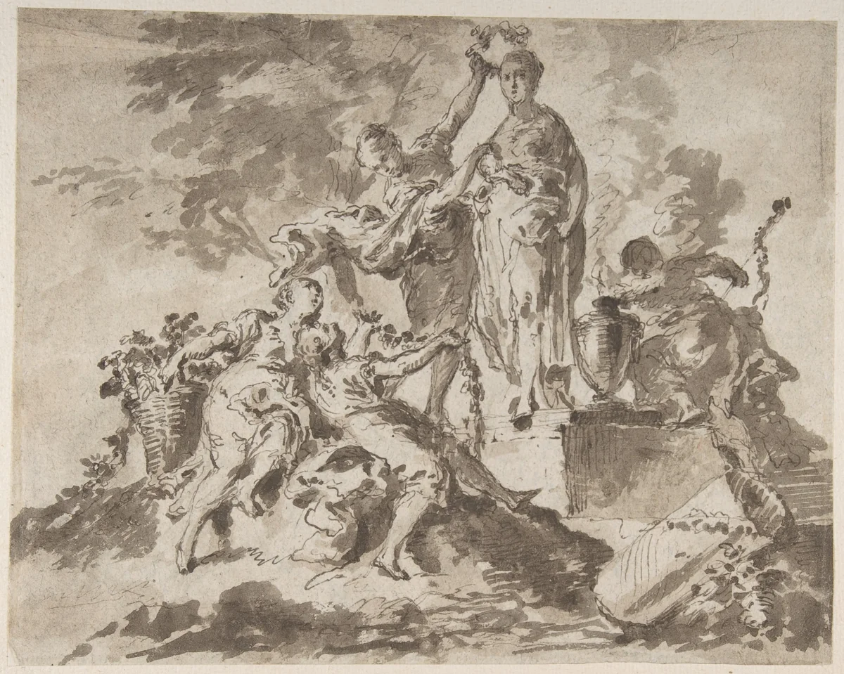 Nymphs Adorning the Statue of a Goddess (recto); River God with Three Nymphs (verso) by anonymous, drawing, 1700-1800