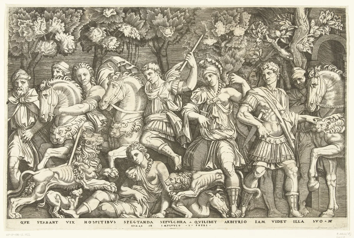 Soldaten weerhouden leeuw van aanval op vrouw by anonymous, print, 1510-1577