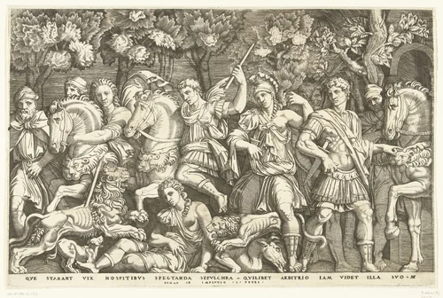Soldaten weerhouden leeuw van aanval op vrouw by anonymous, print, 1510-1577