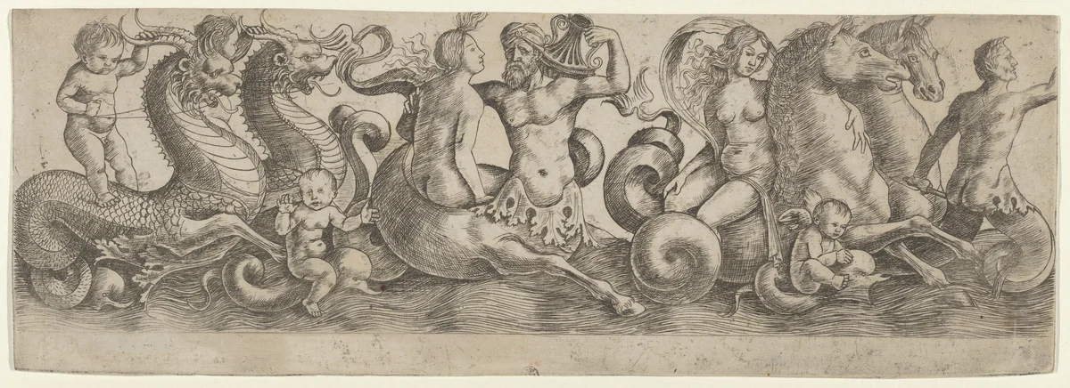 Frieze with Tritons and Nymphs by Girolamo Mocetto, print, 1490-1530