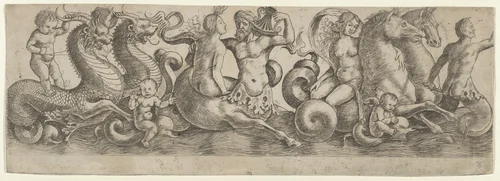 Frieze with Tritons and Nymphs by Girolamo Mocetto, print, 1490-1530