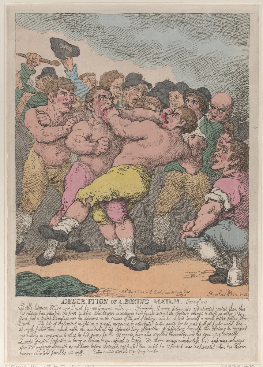 Description of a Boxing Match between Ward and Quirk for 100 Guineas a side by Thomas Rowlandson, print, 1812
