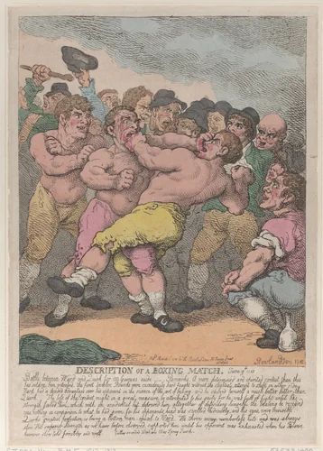 Description of a Boxing Match between Ward and Quirk for 100 Guineas a side by Thomas Rowlandson, print, 1812