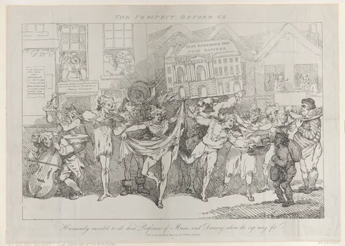 The Prospect Before Us, Humanely Inscrib'd to all those Professors of Music and Dancing Whom the Cap May Fit by Thomas Rowlandson, print, 1791