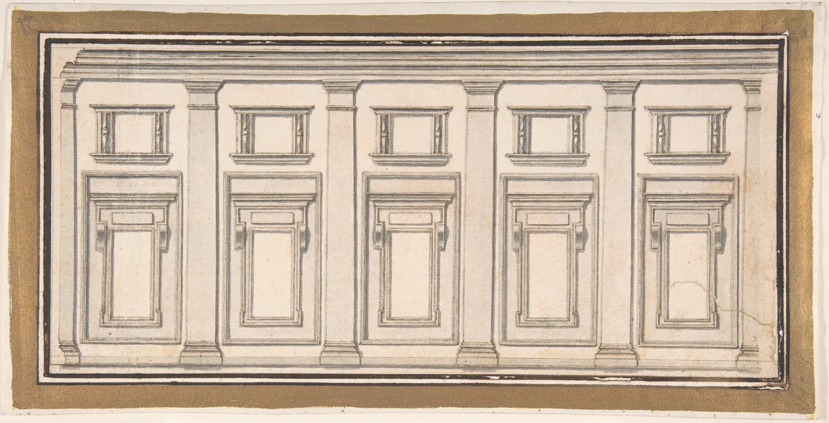 Design for a Wall Elevation with Five Bays in the Doric Order by anonymous, drawing, 1600-1699