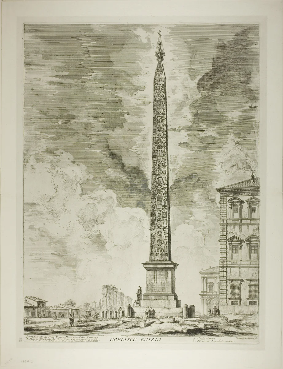 Egyptian Obelisk. This was erected by Pope Sixtus V in the Piazza of St. John Lateran, from Views of Rome by Giovanni Battista Piranesi, print, 1750-1759