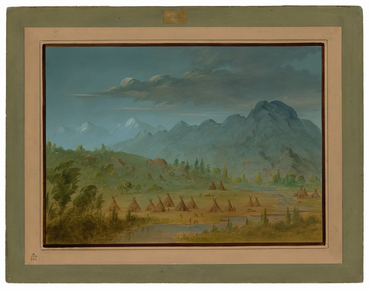 A Crow Village and the Salmon River Mountains by George Catlin, painting, 1855-1869