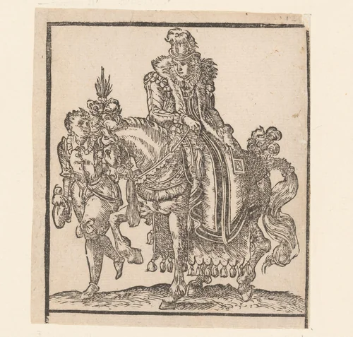 Vrouw te paard met knecht aan haar zijde by anonymous, print, 1580