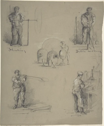 Five images showing the processes of manufacturing glass by anonymous, drawing, 1800-1900