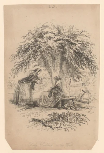 Esther Summerson zit onder een boom en wordt benaderd door Lady Dedlock by Hablot Knight Browne, print, 1853