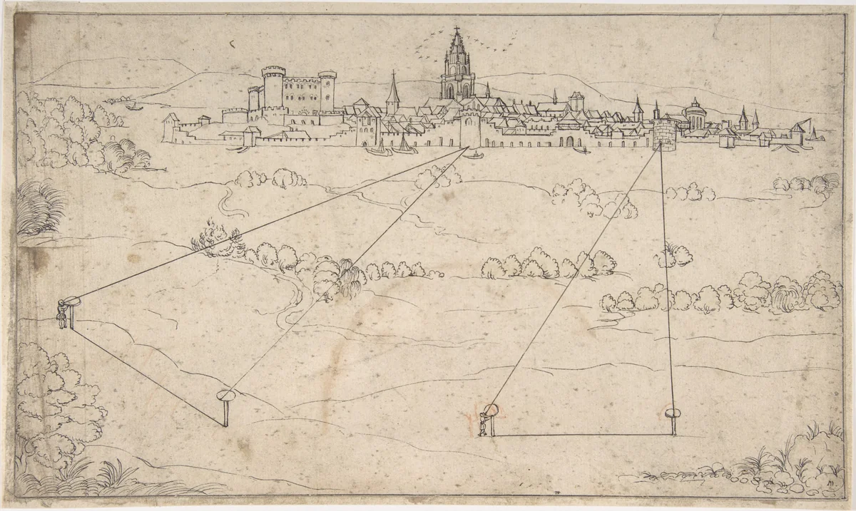 Perspectival Study with a View of a Medieval City by Matthäus Merian, drawing, 1600-1650