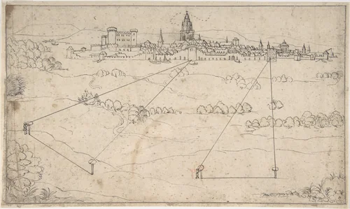 Perspectival Study with a View of a Medieval City by Matthäus Merian, drawing, 1600-1650