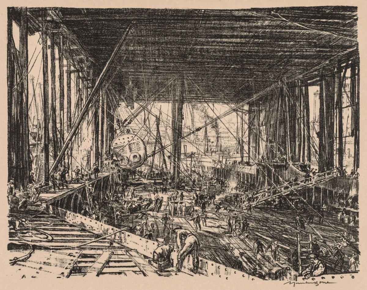 On the Clyde, 1917-1918: The Floor of the Train Ferry by Muirhead Bone, print, 1917-1918